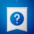 Blue Unknown search icon isolated on blue background. Magnifying glass and question mark. White pennant template. Vector