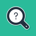 Blue Unknown search icon isolated on green background. Magnifying glass and question mark. Vector