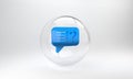 Blue Unknown search icon isolated on grey background. Magnifying glass and question mark. Glass circle button. 3D render