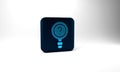 Blue Unknown search icon isolated on grey background. Magnifying glass and question mark. Blue square button. 3d