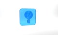 Blue Unknown search icon isolated on grey background. Magnifying glass and question mark. Glass square button. 3d