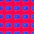Blue Unknown search icon isolated seamless pattern on red background. Magnifying glass and question mark. Vector