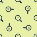 Blue Unknown search icon isolated seamless pattern on yellow background. Magnifying glass and question mark. Vector