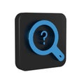 Blue Unknown search icon isolated on transparent background. Magnifying glass and question mark. Black square button.