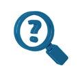 Blue Unknown search icon isolated on transparent background. Magnifying glass and question mark.