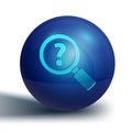 Blue Unknown search icon isolated on white background. Magnifying glass and question mark. Blue circle button. Vector