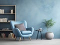 Blue upholstered snuggle chair and stack of books near it. Interior design of modern Scandinavian living room with stucco wall Royalty Free Stock Photo