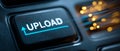 Blue UPLOAD button with digital background Royalty Free Stock Photo