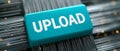Blue UPLOAD button with digital background Royalty Free Stock Photo