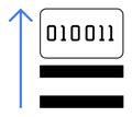 Blue upward arrow with binary code and horizontal bars, representing data growth and progress Royalty Free Stock Photo