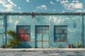 Blue Urban Canvas: Blank Billboard on a Weathered Wall. Concept Urban Photography, Weathered Wall,