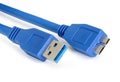 Blue usb 3.0 cable with micro B connector Royalty Free Stock Photo