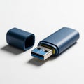 Blue USB Flash Drive with Cap Off and USB3.0 Connector on White Surface thumb drive Royalty Free Stock Photo