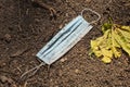 Blue used face mask covered in dirt on the ground next to a leaf Royalty Free Stock Photo