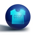 Blue USSR t-shirt icon isolated on white background. Blue circle button. Vector