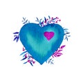 Blue valentines heart with blue plants isolated on white background.