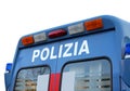 blue van during a revolt in the square with the text POLIZIA mea