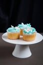 Blue vanilla cupcakes on stand Royalty Free Stock Photo