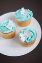 Blue vanilla cupcakes on stand Royalty Free Stock Photo