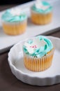 Blue vanilla cupcakes on stand Royalty Free Stock Photo