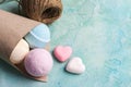 Blue, vanilla and strawberry bath bombs Royalty Free Stock Photo