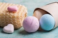 Blue, vanilla and strawberry bath bombs Royalty Free Stock Photo