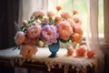 A blue vase filled with lots of pink and orange flowers. Generative AI image. Royalty Free Stock Photo