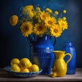 a blue vase filled with yellow flowers next to a bowl of lemons Royalty Free Stock Photo