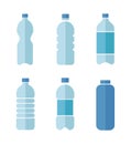 Blue vector flat design icons set of plastic bottles with clean water isolated on white background Royalty Free Stock Photo