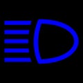 Blue vector graphic of dashboard warning light indicating the main beams are illuminated