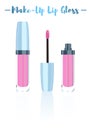 Blue vector illustration of a beauty utensil pink lipstick makeup product with pigments, oils, waxes, and emollients that apply c