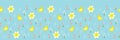 Blue vector illustration. Bright daffodils, flowers, and chicken horizontal seamless pattern border background. Royalty Free Stock Photo