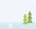 Blue vector illustration of a winter forest with snow and green Christmas trees, snowflakes and snowdrifts Royalty Free Stock Photo