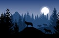 Blue vector landscape with a pack of wolves in dense forest with Royalty Free Stock Photo