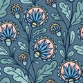 BLUE VECTOR SEAMLESS BACKGROUND WITH WEAVING PINK ROUND FLOWERS Royalty Free Stock Photo
