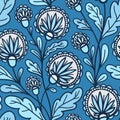 BLUE VECTOR SEAMLESS BACKGROUND WITH WEAVING WHITE ROUND FLOWERS Royalty Free Stock Photo