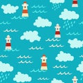 Blue vector seamless pattern. Cute red lighthouses elements