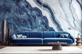 Blue velvet sofa near marble stone wall. Minimalist home interior design of modern living room. Created with generative AI Royalty Free Stock Photo