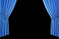 Blue velvet stage curtains, scarlet theatre drapery. Silk classical curtains, blue theater curtain. 3d rendering