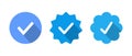 Blue verified badge icon vector. Social media official profile account sign symbol