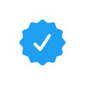 Blue verified social media account icon. Approved profile sign.