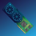 An isometric flat vector of a detailed video graphics card. A blue video card on a dark background. Vector illustration