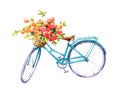 Blue Vintage Bicycle with a flower basket Watercolor Summer Garden Illustration Hand Painted Royalty Free Stock Photo