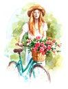 Blue Vintage Bicycle with a flower basket Watercolor Summer Garden Illustration Hand Painted Royalty Free Stock Photo