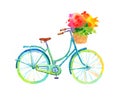 Blue Vintage Bicycle with a flower basket Watercolor Summer Garden Illustration Hand Painted Royalty Free Stock Photo