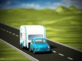 Blue vintage car on the road with caravan. 3D illustration