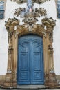 Blue vintage door at historic church in Ouro Preto, Brazil