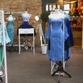 Blue vintage dress in a check on a mannequin shop around Spital