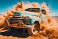 Blue Vintage Pickup Truck In A Desert