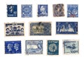 Blue vintage postage stamps from around the world.